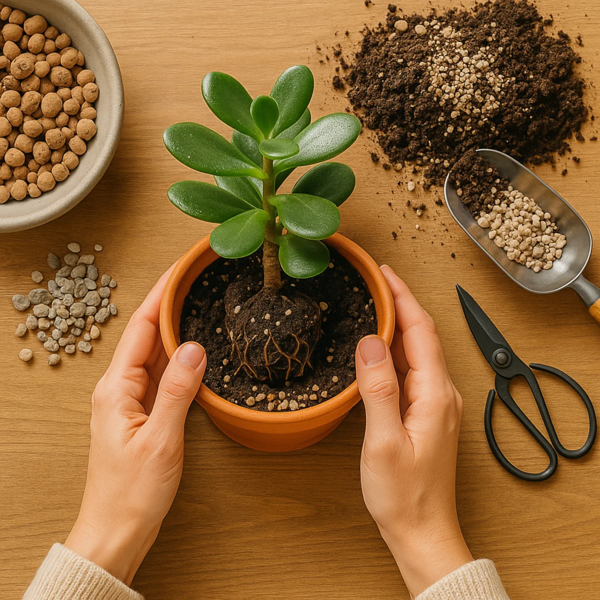 Przesadzanie grubosza (drzewko szczęścia) do donicy z drenażem, widoczny perlit i żwir.