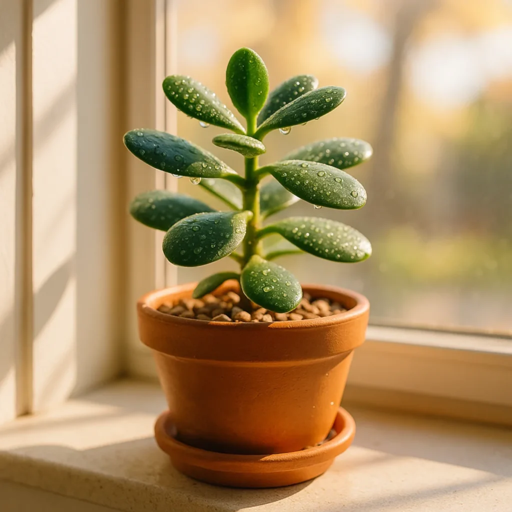Zdrowe drzewko szczęścia (grubosz) w donicy z terakoty na nasłonecznionym parapecie.