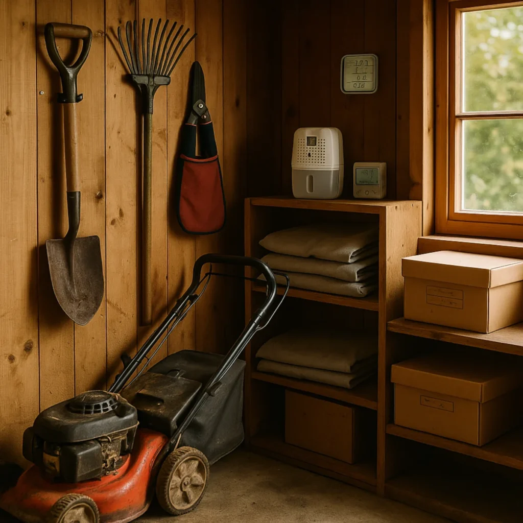 Zorganizowana szopa z kosiarką, narzędziami na hakach oraz pochłaniaczem wilgoci i higrometrem – sposób, by zabezpieczyć sprzęt ogrodowy na zimę.