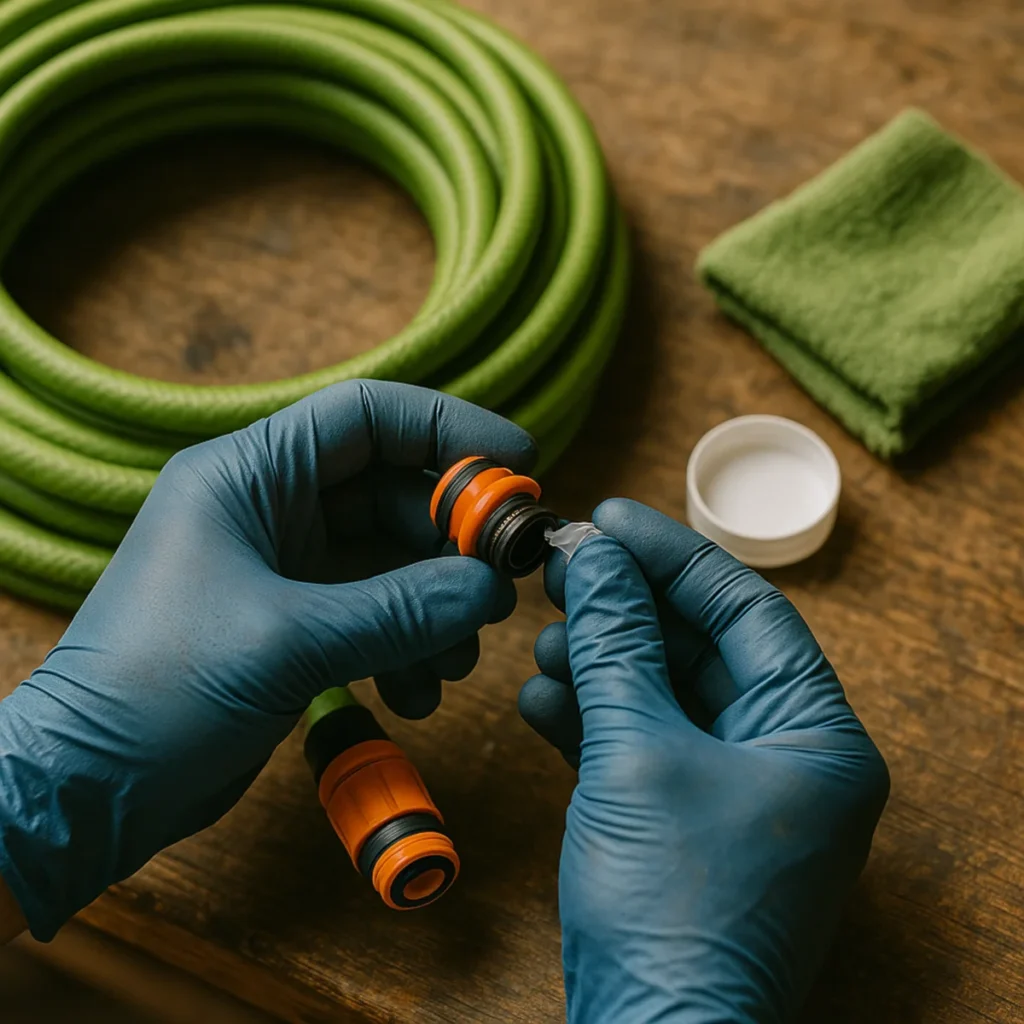 Nakładanie smaru na szybkozłączkę węża ogrodowego – praktyczna konserwacja sprzętu przed zimą.