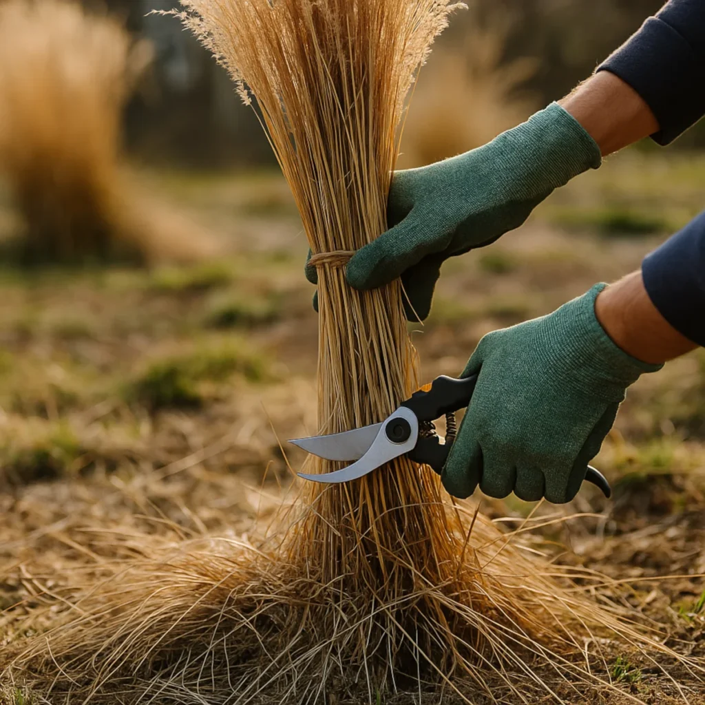 Wiosenne cięcie związanej kępy miskanta sekatorem – kiedy obcinać trawy ozdobne w suchy, słoneczny dzień.
