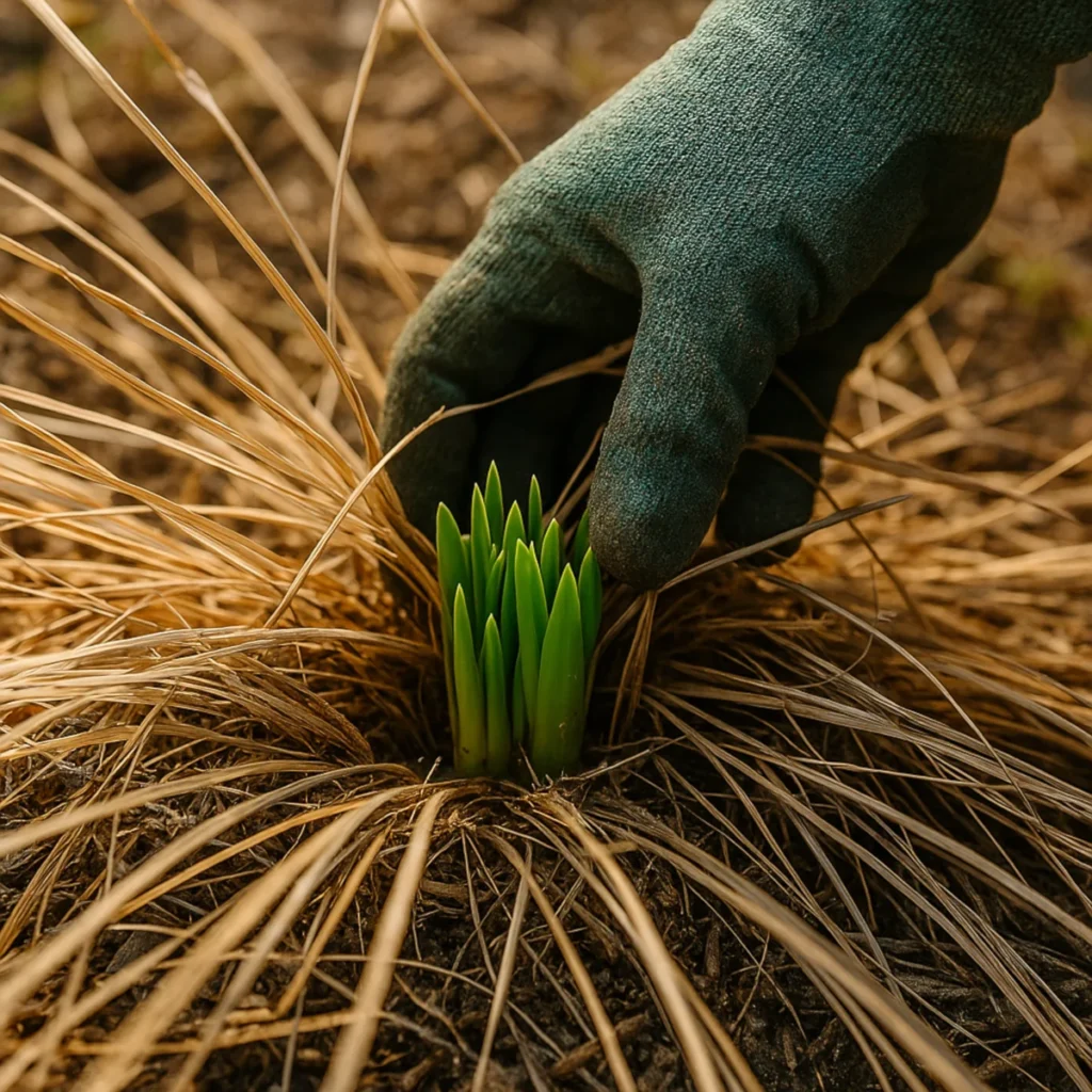 Świeże zielone pędy w środku kępy po skróceniu na 10–15 cm – kiedy obcinać trawy ozdobne, by przyspieszyć start.