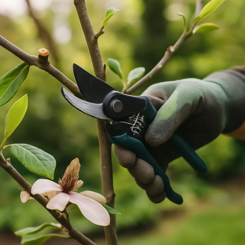 Ręka w rękawicy przycina pęd magnolii sekatorem tuż po kwitnieniu – przycinanie magnolii na kołnierz.