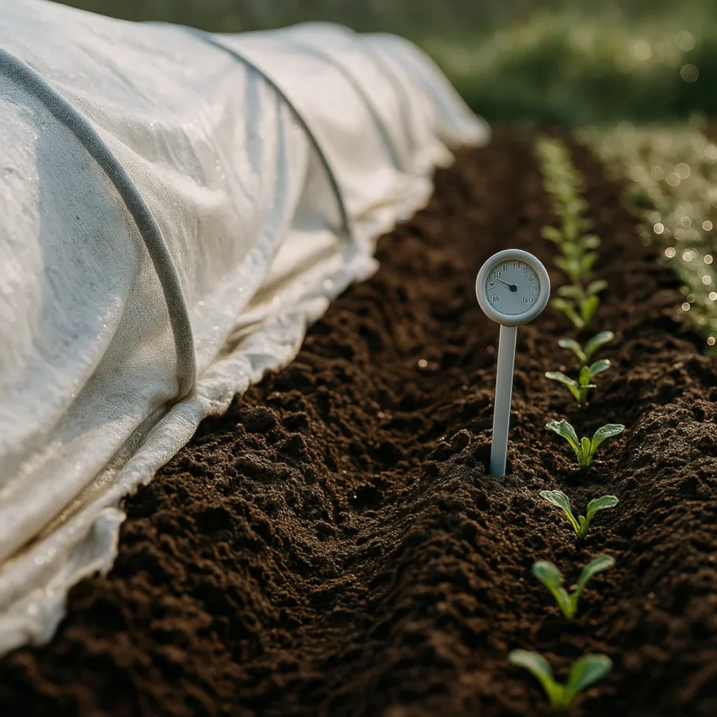 Niskie tunele z agrowłókniny nad rządkami warzyw i młodymi siewkami.