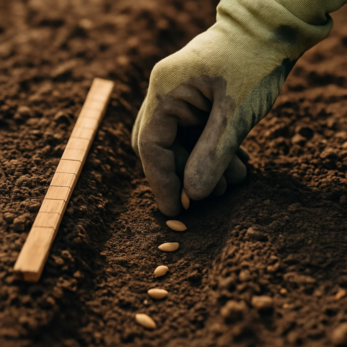 Wysiew nasion do równej bruzdy z miarką rozstawu – praktyczny siew warzyw.