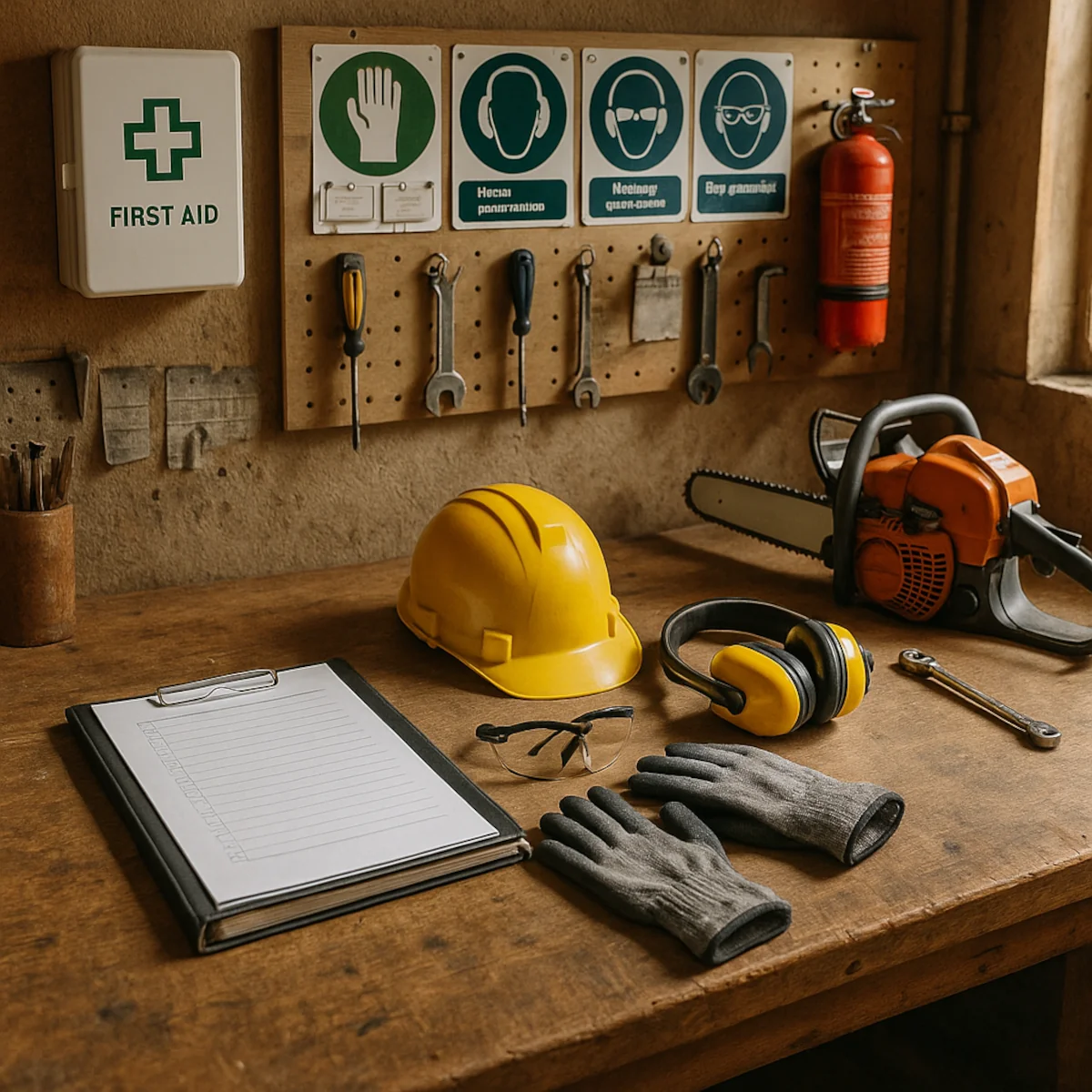 Drewniany kącik BHP w gospodarstwie: segregator z dokumentacją kursu bhp dla rolników, apteczka, ŚOI i tablica z checklistami.