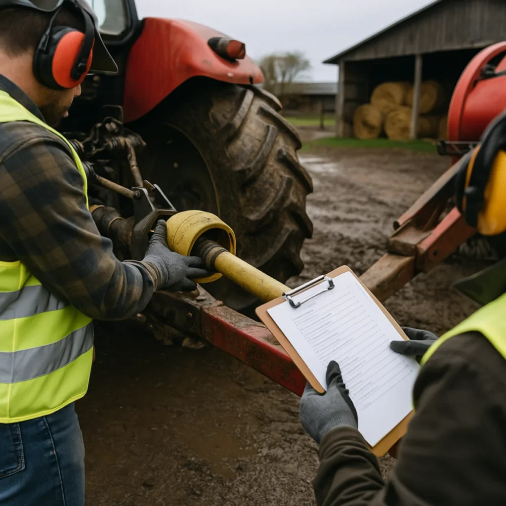 Dwóch rolników podczas kursu bhp dla rolników przy maszynie w stodole; instruktor pokazuje bezpieczne odłączenie WOM i użycie ŚOI.