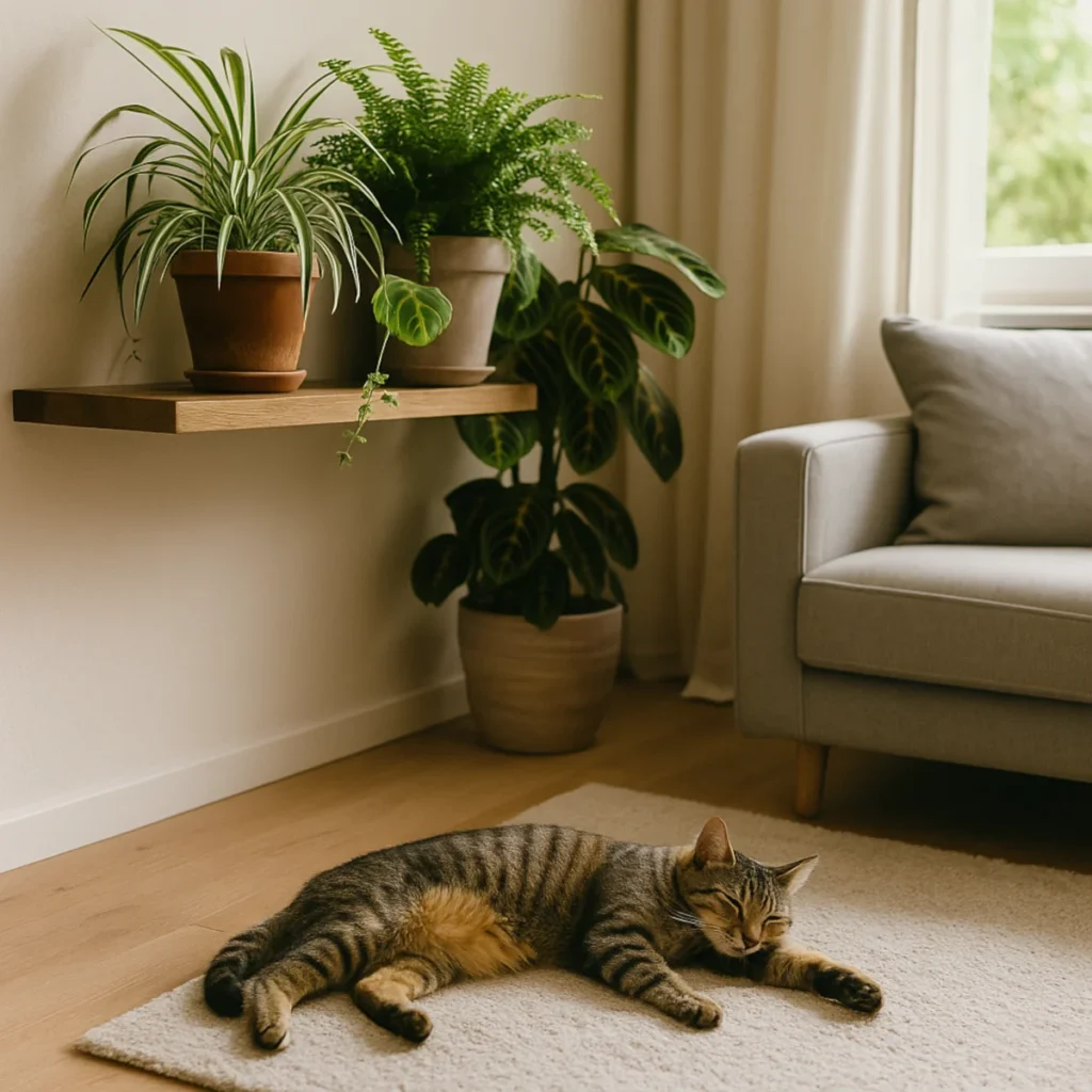 Salon z zielistką, marantą i paprocią na półce; kot odpoczywa na dywanie – rośliny bezpieczne dla kota w mieszkaniu.