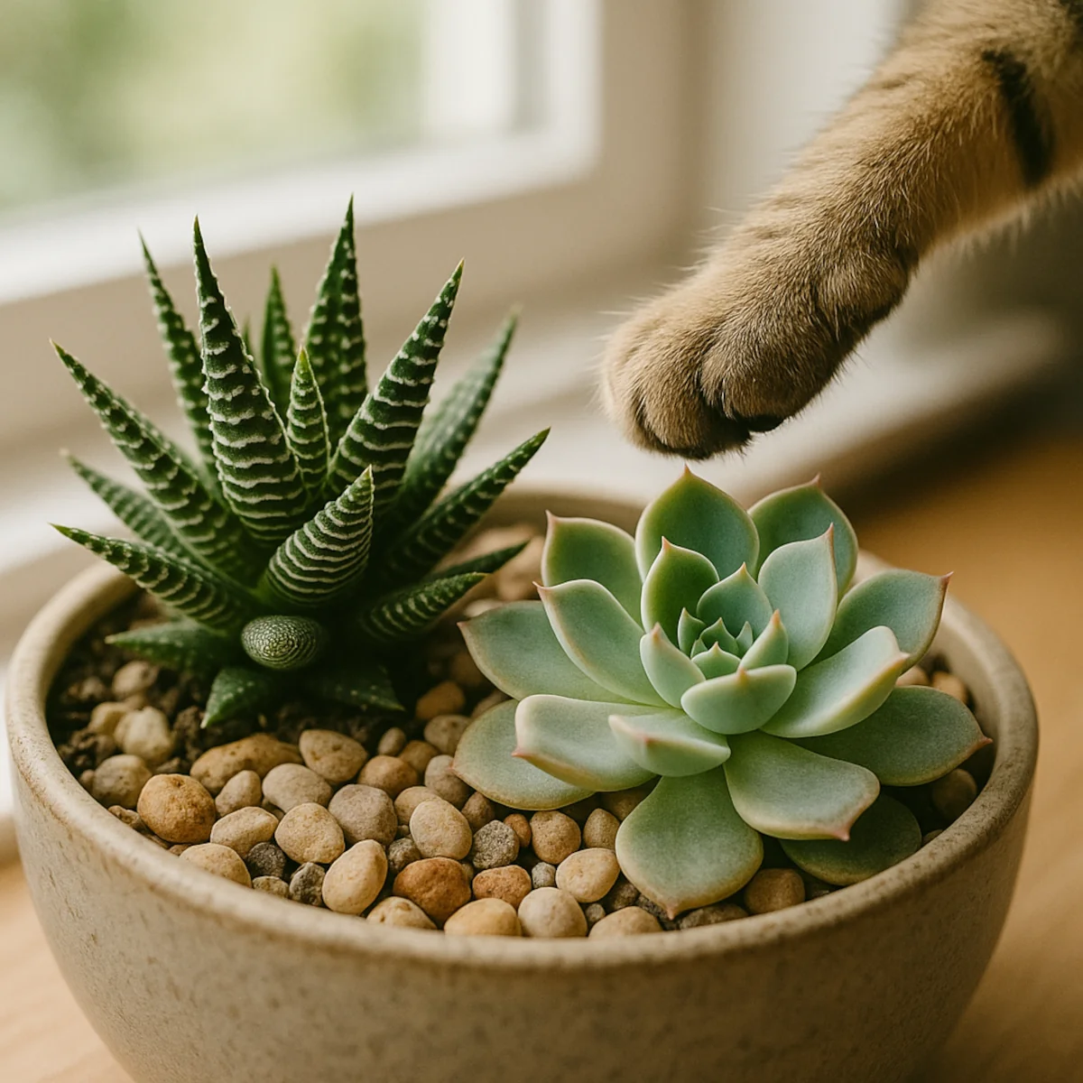 Zbliżenie na haworthię i echeverię w donicy z kamykami; w kadrze kocia łapka – rośliny bezpieczne dla kota na jasny parapet.