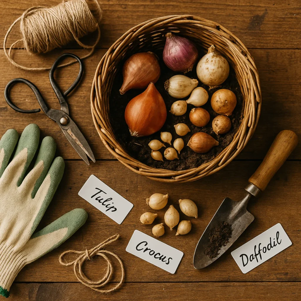Wiklinowy koszyk z różnymi roślinami cebulowymi (tulipan, krokus, narcyz) na drewnianym stole; obok rękawice, sznurek, nożyce i szpadelek – przygotowanie do sadzenia i etykietowania.