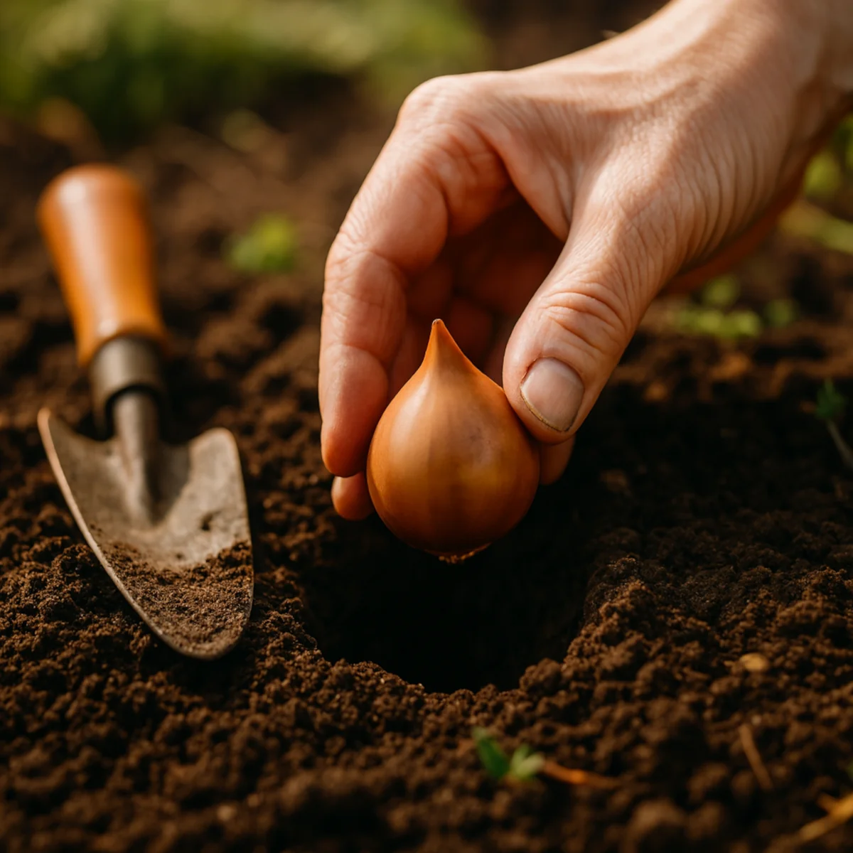 Sadzenie roślin cebulowych – cebulę tulipana umieszczana w przygotowanym dołku. Zasady sadzenia roślin cebulowych: właściwa głębokość.
