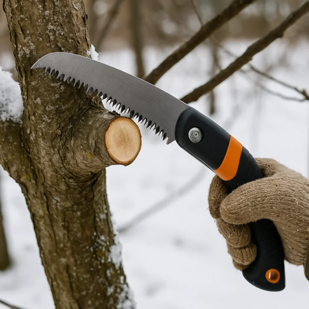 Cięcie drzew owocowych zimą — składana piła ogrodnicza tnie gałąź jabłoni ok. 6 cm średnicy na tle śniegu.