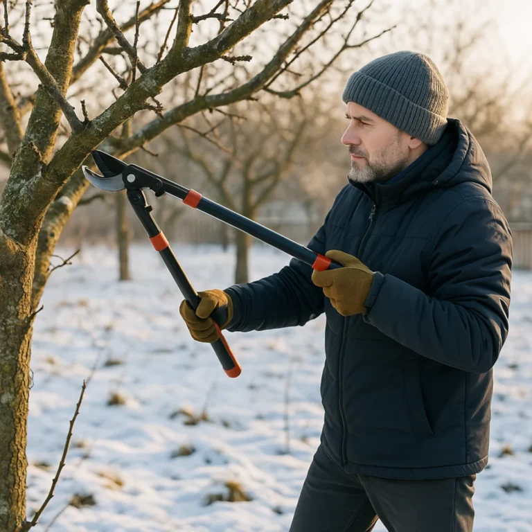 Cięcie drzew owocowych zimą w sadzie — mężczyzna przycina gałąź jabłoni długim sekatorem na tle śniegu.