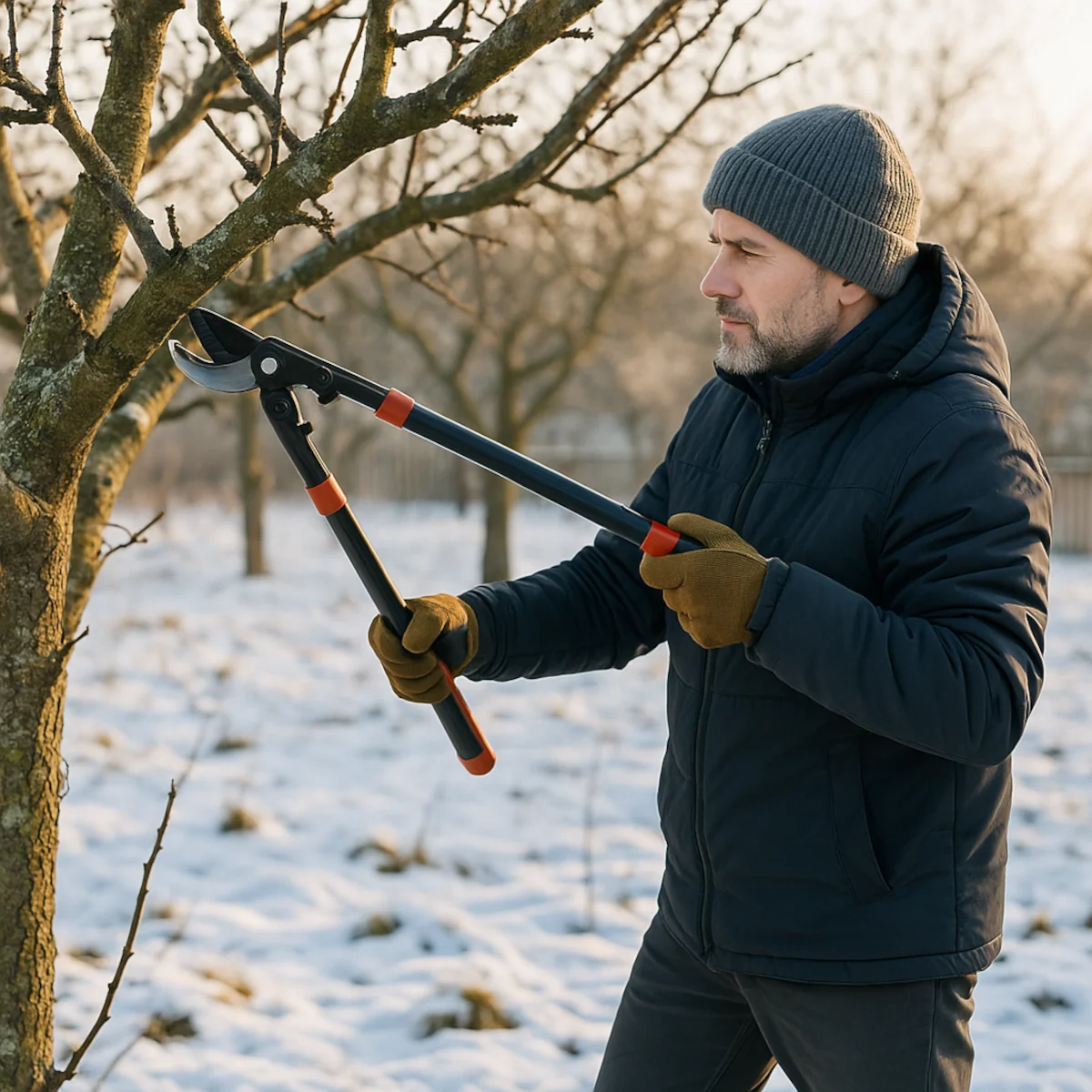 Cięcie drzew owocowych zimą w sadzie — mężczyzna przycina gałąź jabłoni długim sekatorem na tle śniegu.
