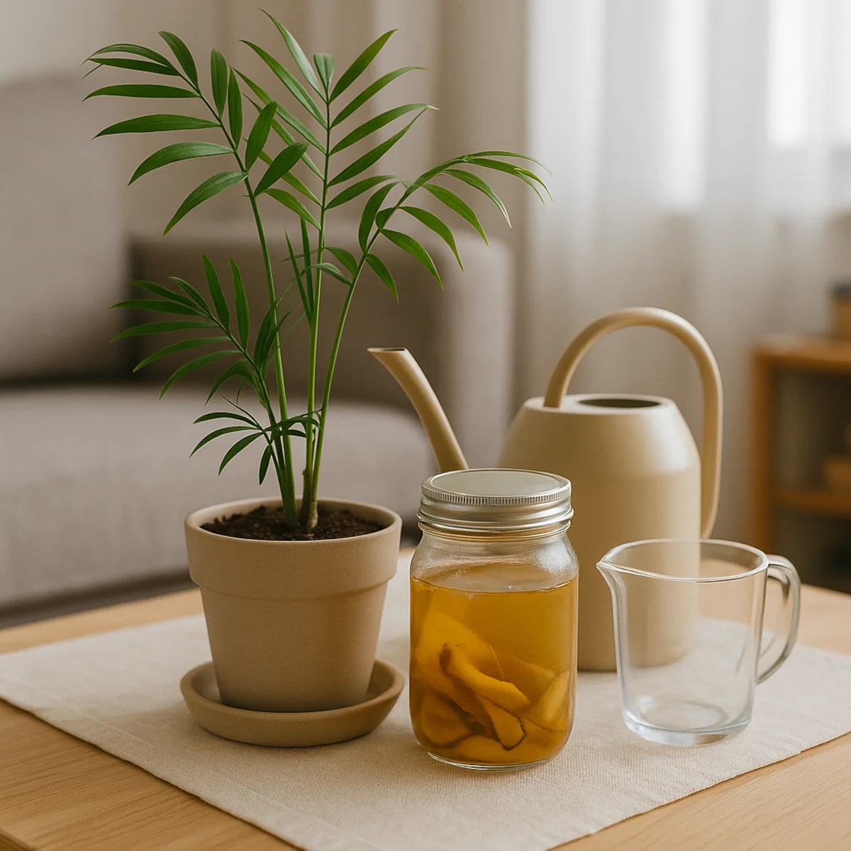 Domowy nawóz do palm – słoik z maceratem bananowym bez podziałki obok palmy doniczkowej i konewki na lnianej serwecie.