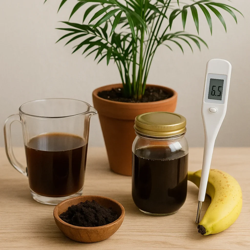 Domowy nawóz do palm – pomiar pH 6,5 w podłożu palmy; szklany słoik z naparem z fusów i czysta szklanka bez podziałki.