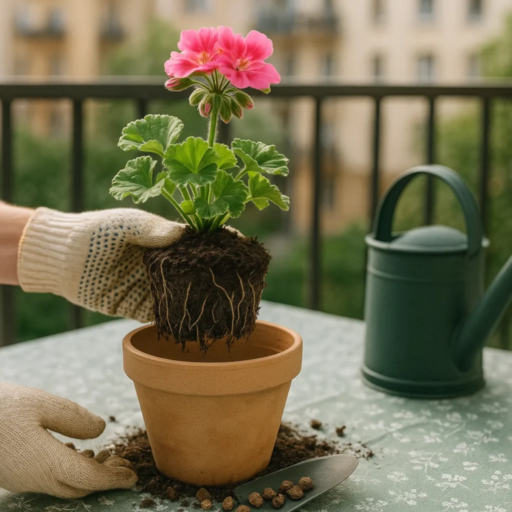 kiedy przesadzać rośliny balkonowe, bryła korzeniowa nad donicą, zielona konewka na ceracie