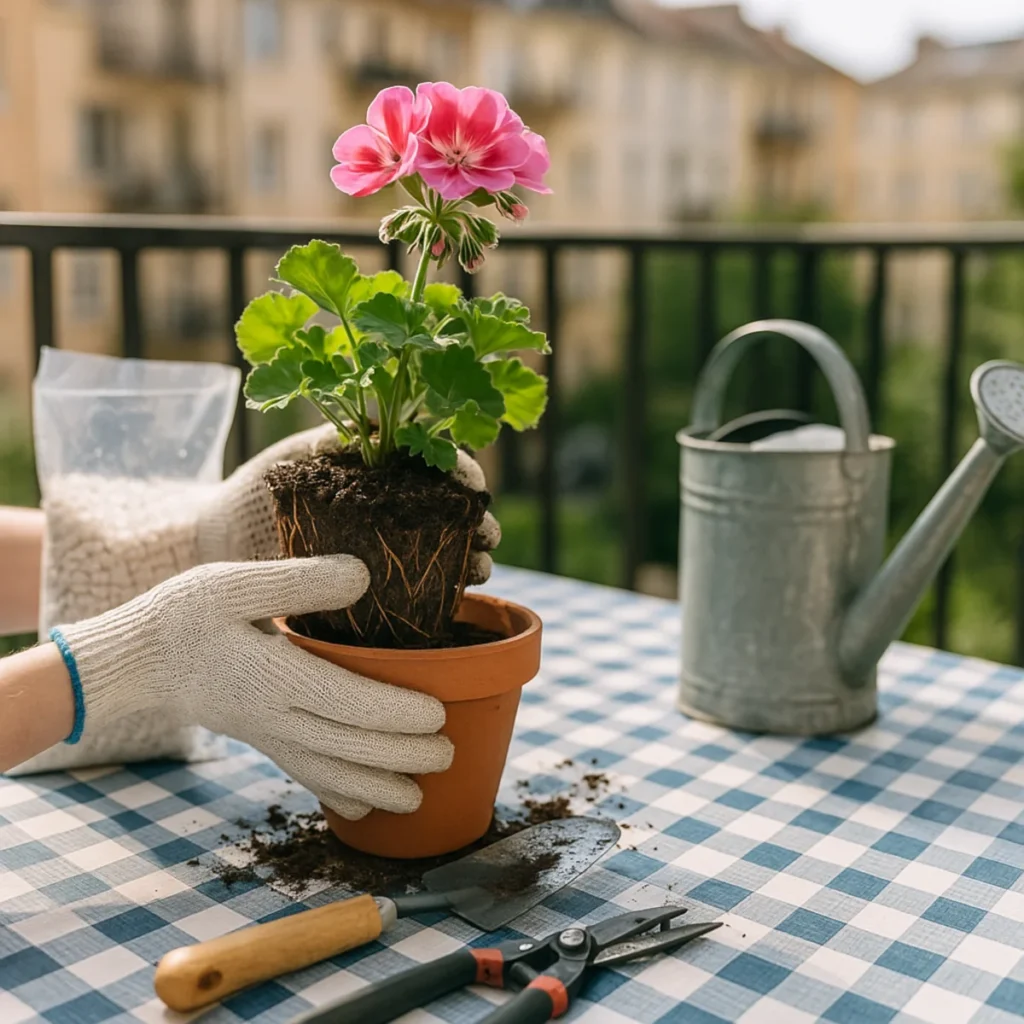 kiedy przesadzać rośliny balkonowe, przesadzanie pelargonii na ceracie w kratę, ocynkowana konewka