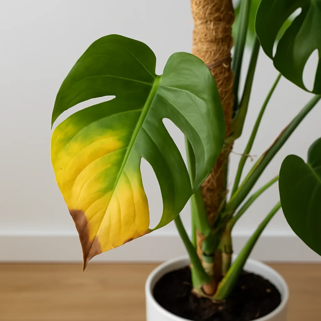 Monstera z żółknącym liściem i brązową końcówką przy paliku kokosowym w białej donicy