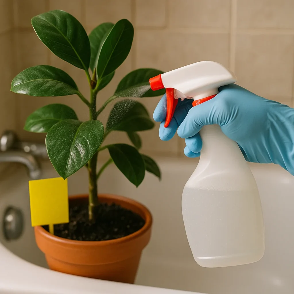 Mszyce na roślinach domowych – oprysk mydłem potasowym nad wanną, ręka w rękawiczce i żółta tablica lepowa w doniczce.