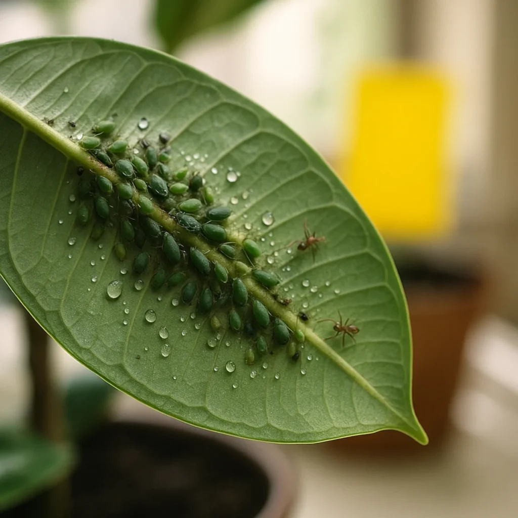 Mszyce na roślinach domowych – kolonia mszyc i krople spadzi na spodzie liścia w mieszkaniu.