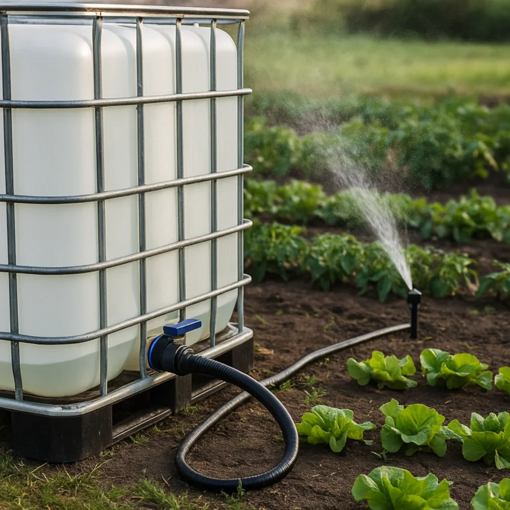 Zbiornik IBC (mauzer) z zaworem i wężem; zraszacz podlewa grządki sałaty — system z pompą do deszczówki.