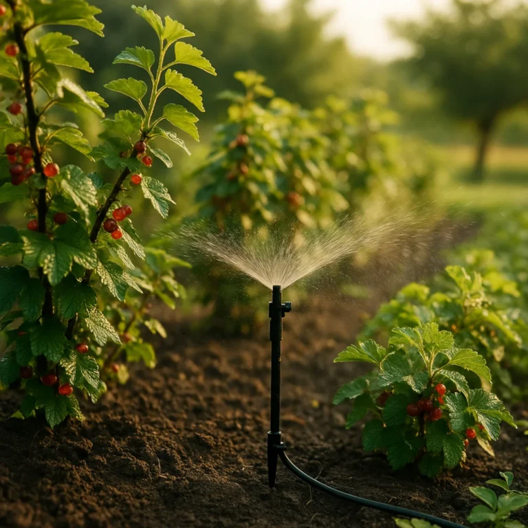 Mikrozraszacz podlewa krzewy owocowe w rzędach — instalacja zasilana z pompy do deszczówki.