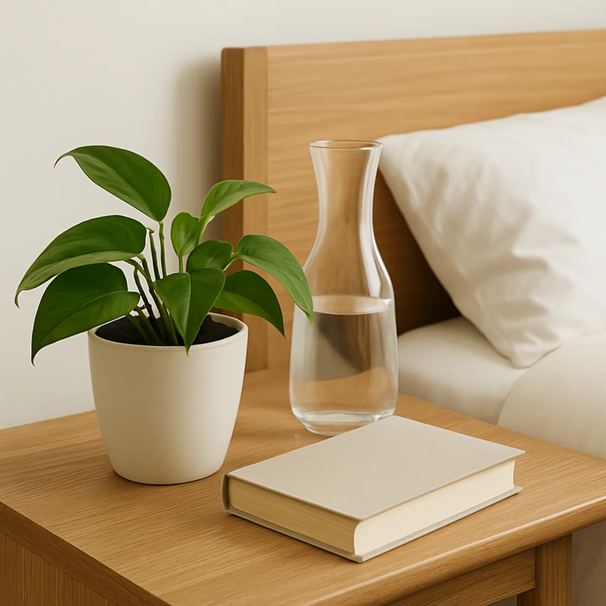 Stolik nocny z epipremnum w białej donicy, szklaną karafką i książką — rośliny oczyszczające powietrze w sypialni.