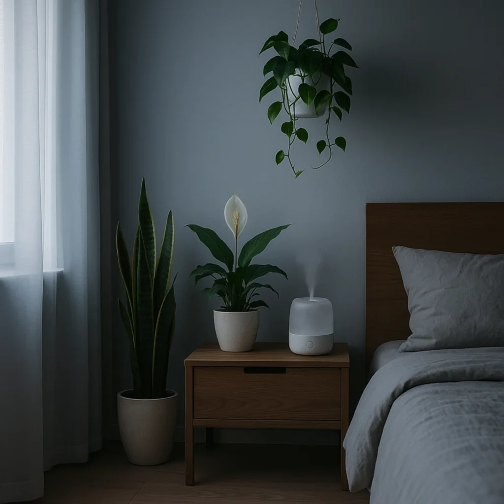 Sypialnia z roślinami oczyszczającymi powietrze — sansewieria, skrzydłokwiat i epipremnum przy łóżku w miękkim świetle.