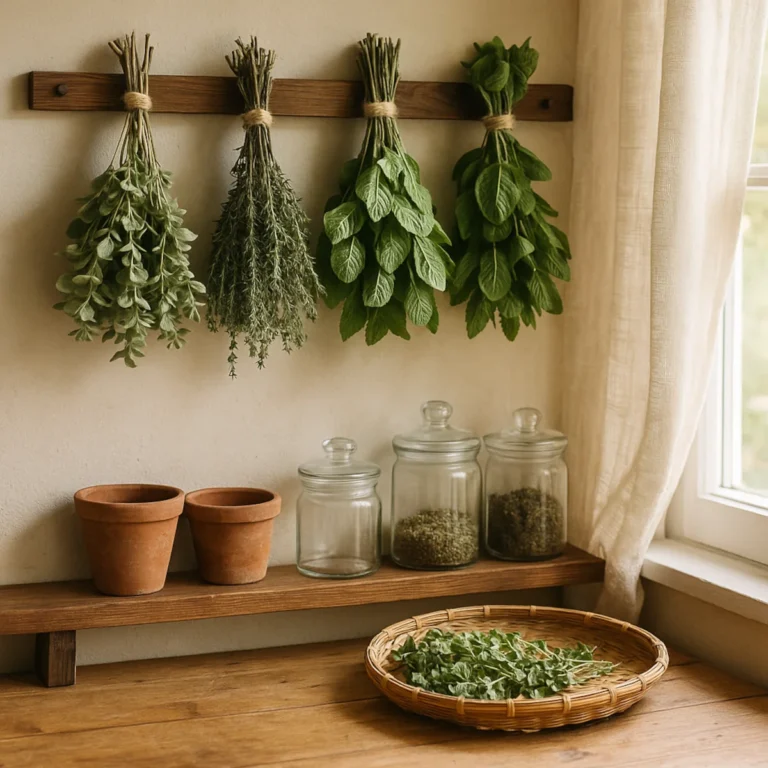 Suszenie ziół w domu — pęczki mięty, tymianku i oregano wiszące w cieniu oraz tacka z liśćmi przy oknie.