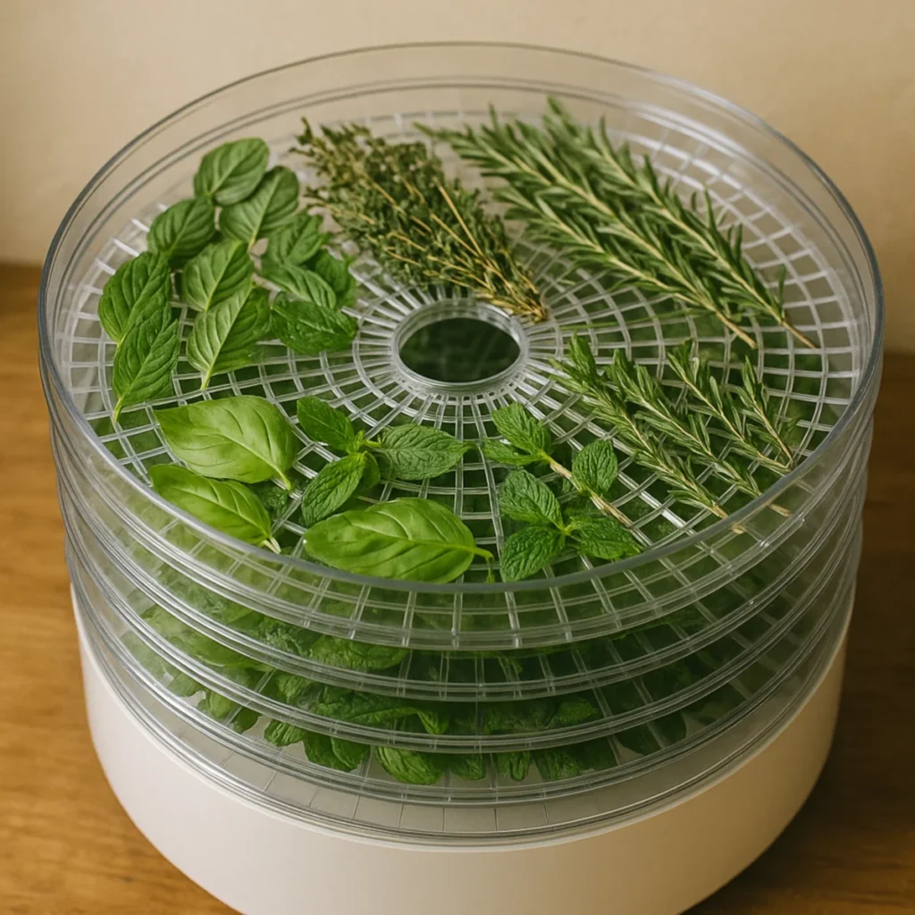 Suszenie ziół w suszarce do żywności — tacki z bazylią, miętą i rozmarynem ułożone w jednej warstwie.