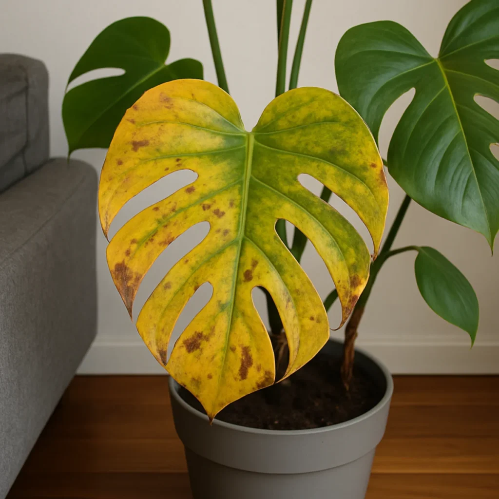 Żółte liście monstery z brązowymi plamami stojącej w donicy obok sofy w salonie