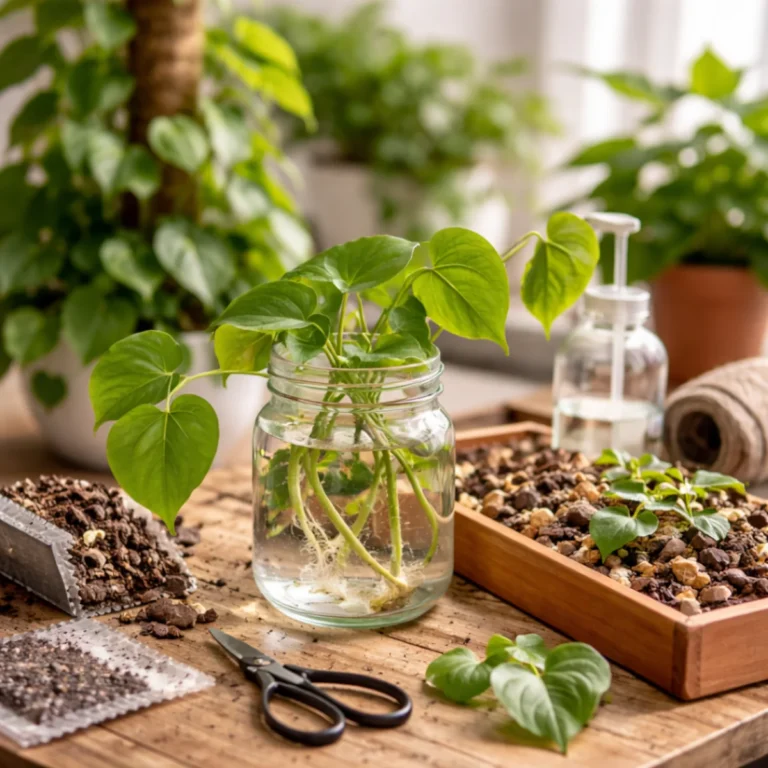 Sadzonki filodendrona pnącego ukorzeniane w słoiku z wodą na drewnianym blacie, obok podłoże aroid mix