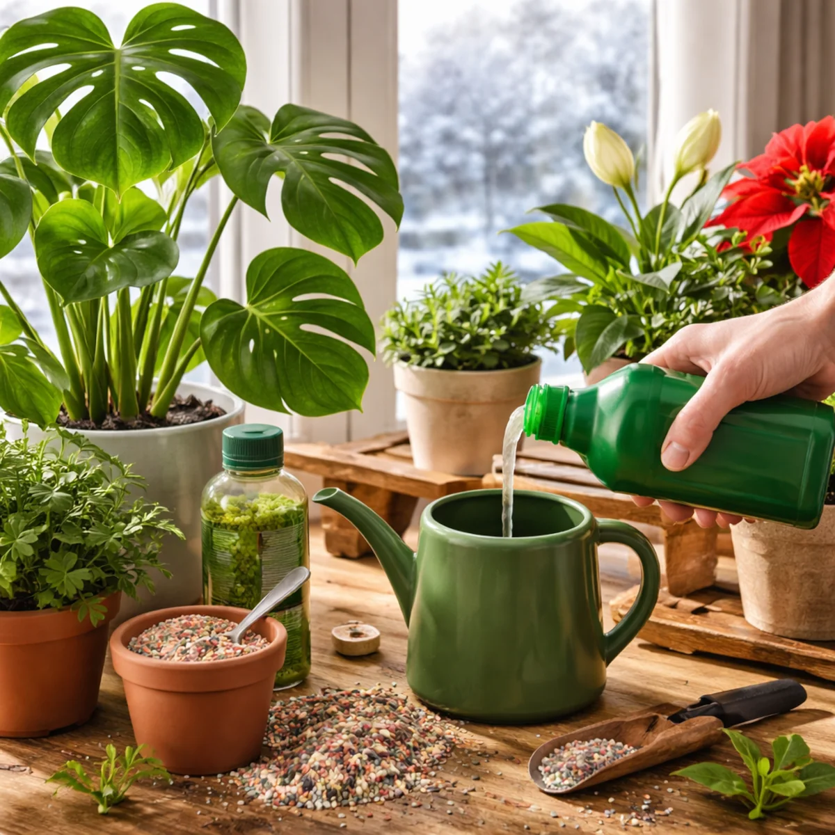 Nawożenie kwiatów doniczkowych zimą przy oknie w mieszkaniu – przygotowanie roztworu nawozu i podlewanie