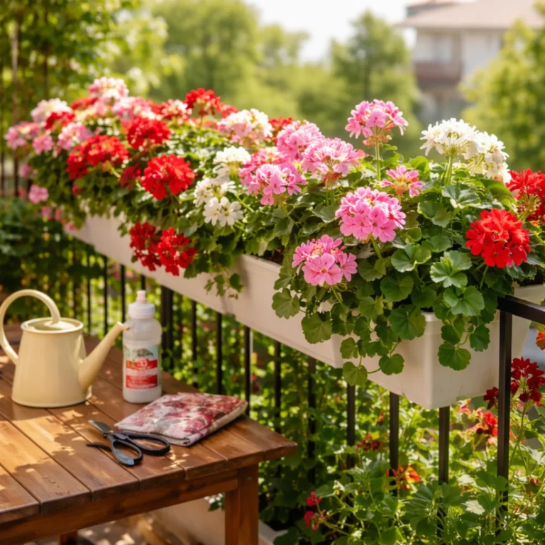 Pelargonie na balkon południowy w skrzynkach na balustradzie, kwiaty na słońce i podlewanie konewką
