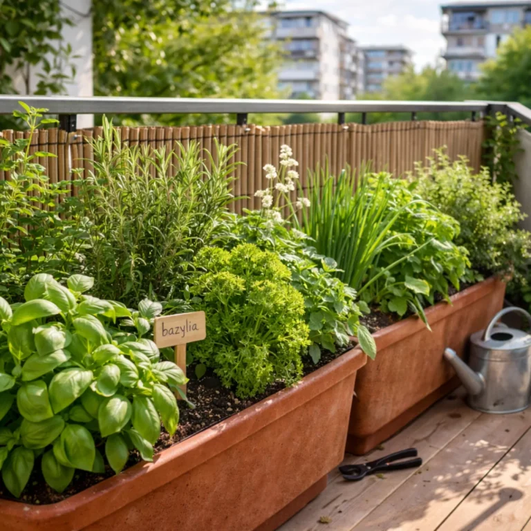 Rabata ziołowa na balkonie w skrzynkach: bazylia, rozmaryn, szczypiorek i mięta, obok konewka