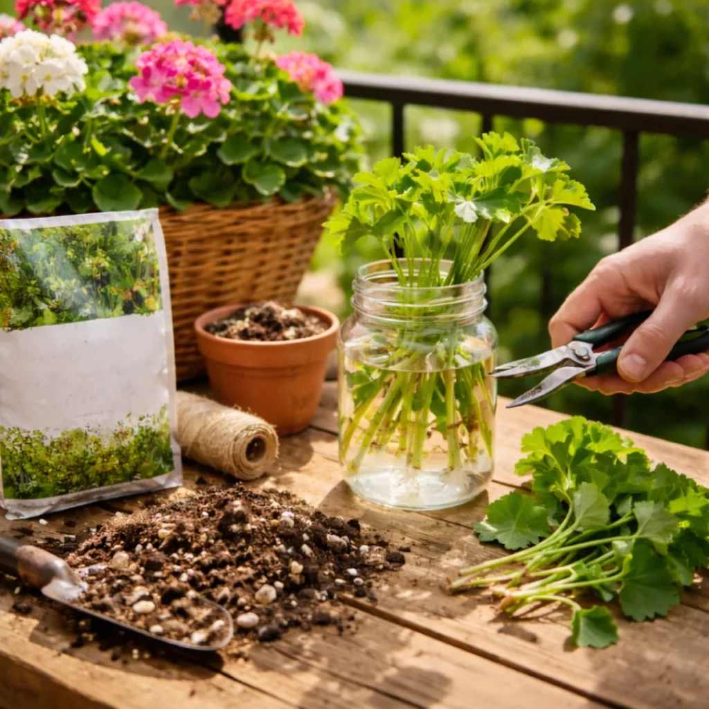 Sadzonki pelargonii przygotowywane na balkonie południowym, ukorzenianie w słoiku z wodą i podłoże do roślin balkonowych