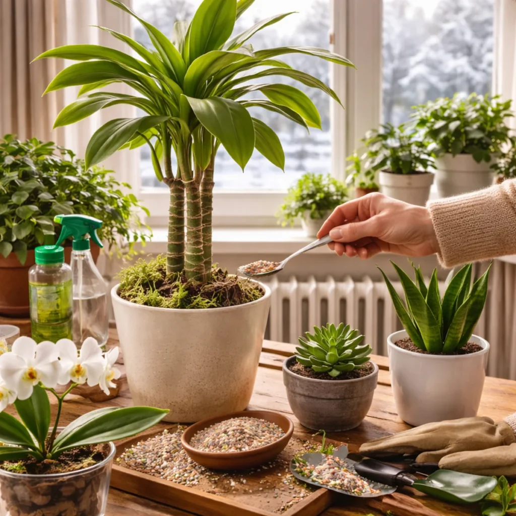 Zimowe nawożenie roślin domowych – odmierzanie dawki nawozu do kwiatów doniczkowych przy oknie
