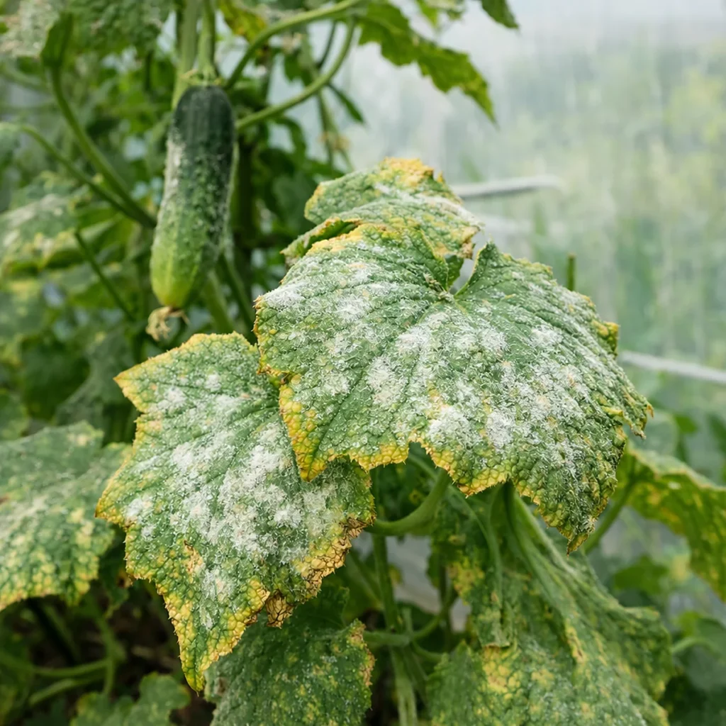 Choroby w tunelu foliowym – mączniak na liściach ogórka