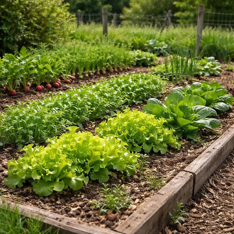 Sałata, rukola i szpinak rosnące na wiejskiej grządce obok rzodkiewek i cebuli dymki.