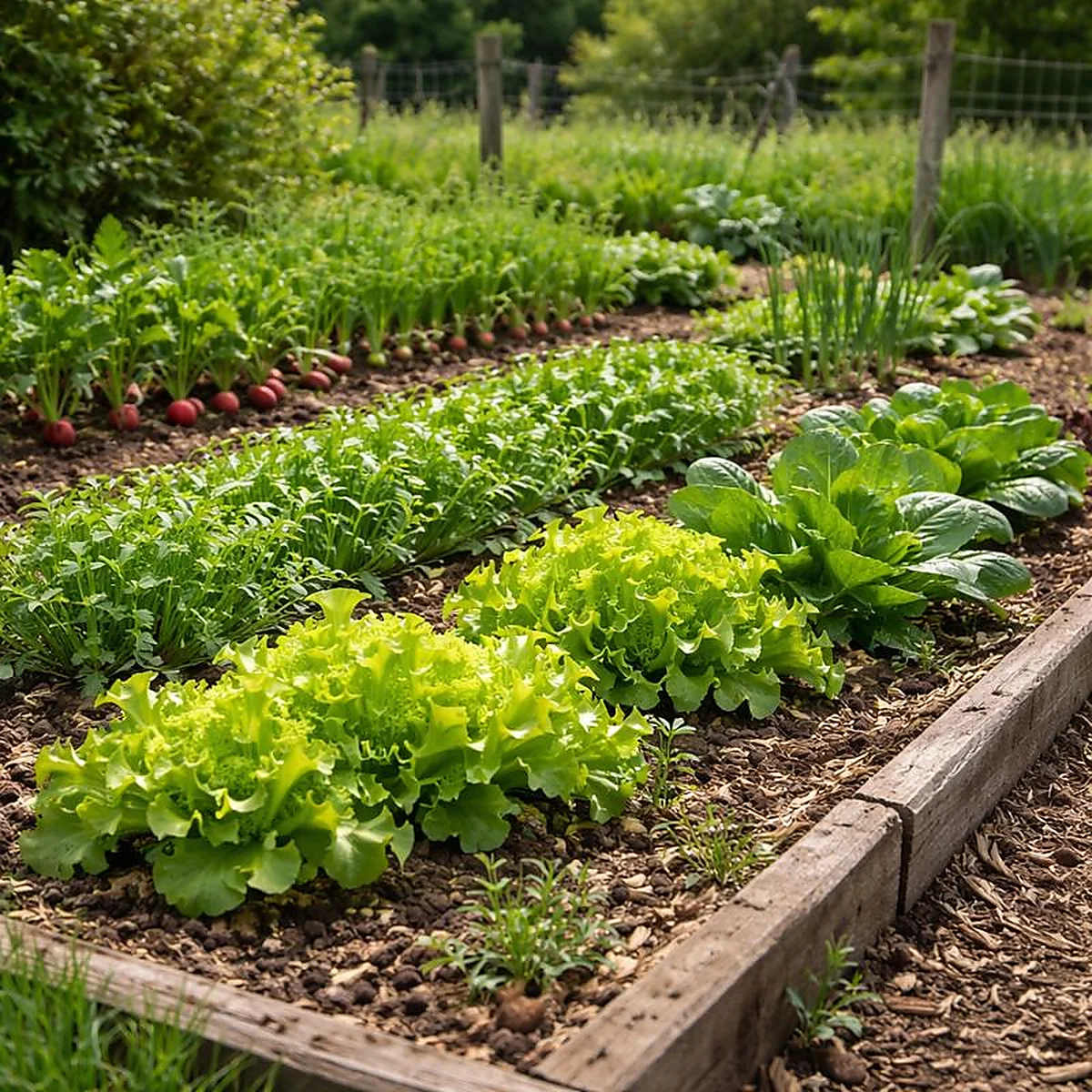 Sałata, rukola i szpinak rosnące na wiejskiej grządce obok rzodkiewek i cebuli dymki.