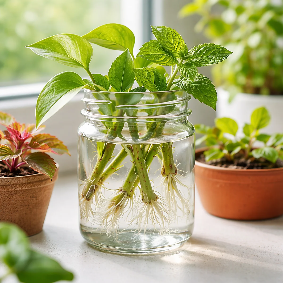 Jak ukorzenić sadzonki bez ukorzeniacza w wodzie – sadzonki w słoiku na parapecie