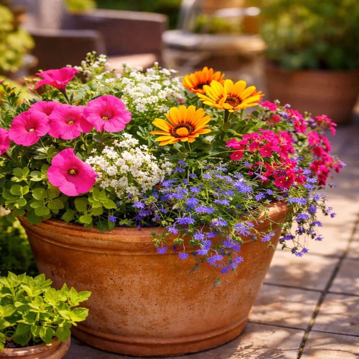 Kwiaty jednoroczne na pełne słońce w dużej donicy na tarasie – petunie, gazanie i smagliczka w letniej kompozycji