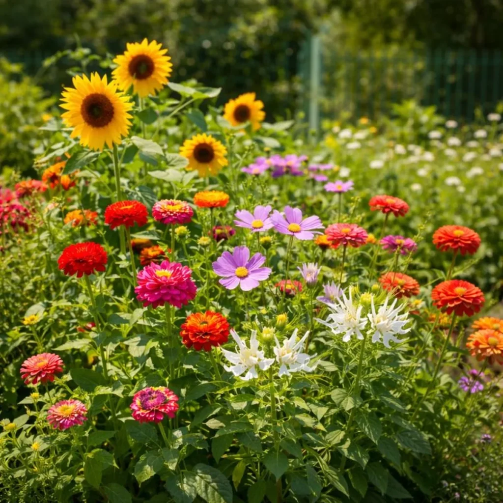 Kwiaty jednoroczne na pełne słońce na rabacie ogrodowej – słoneczniki, cynie i kosmos w letnim ogrodzie