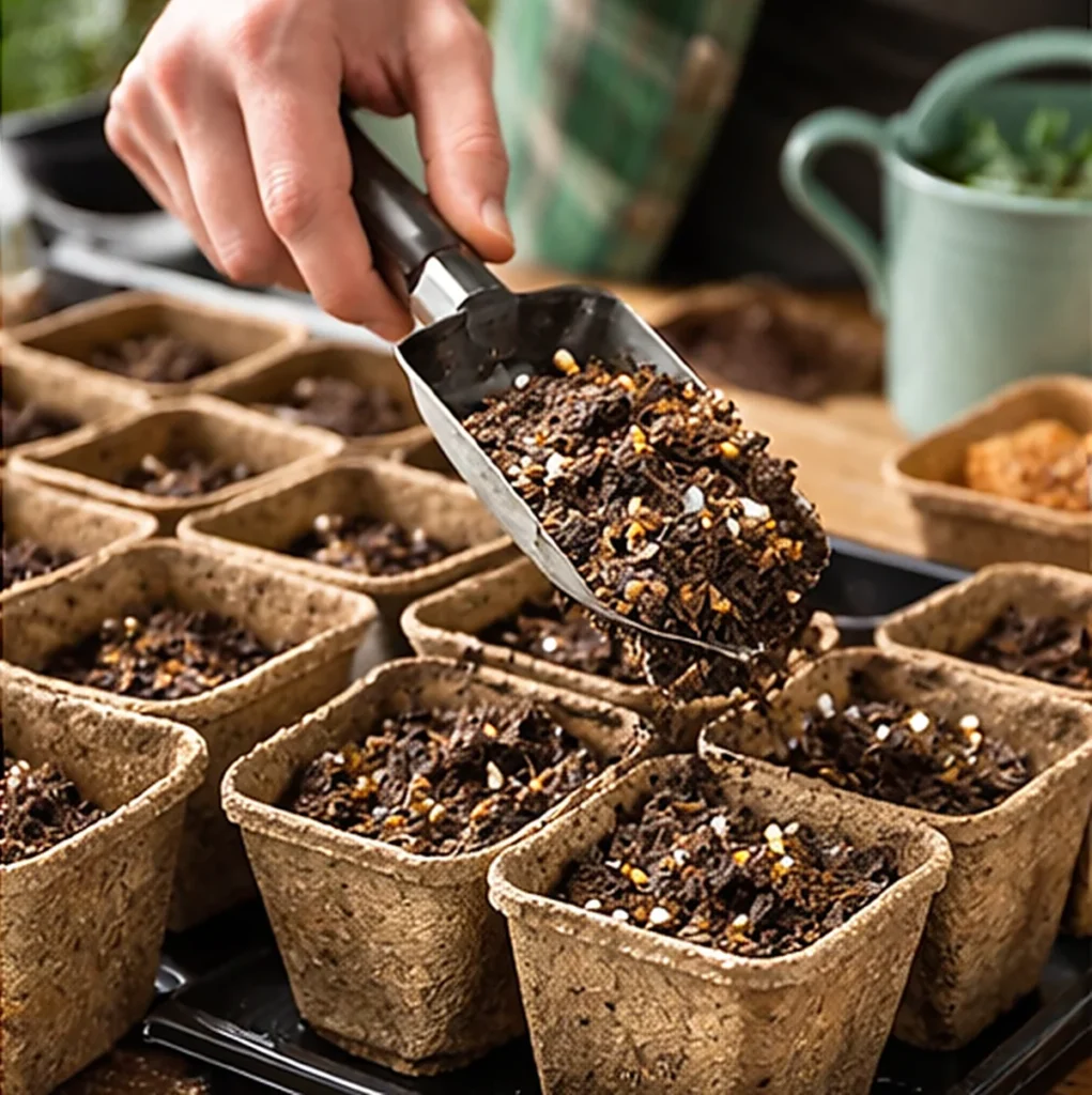 Podłoże do siewu – napełnianie doniczek torfowych mieszanką z perlitem