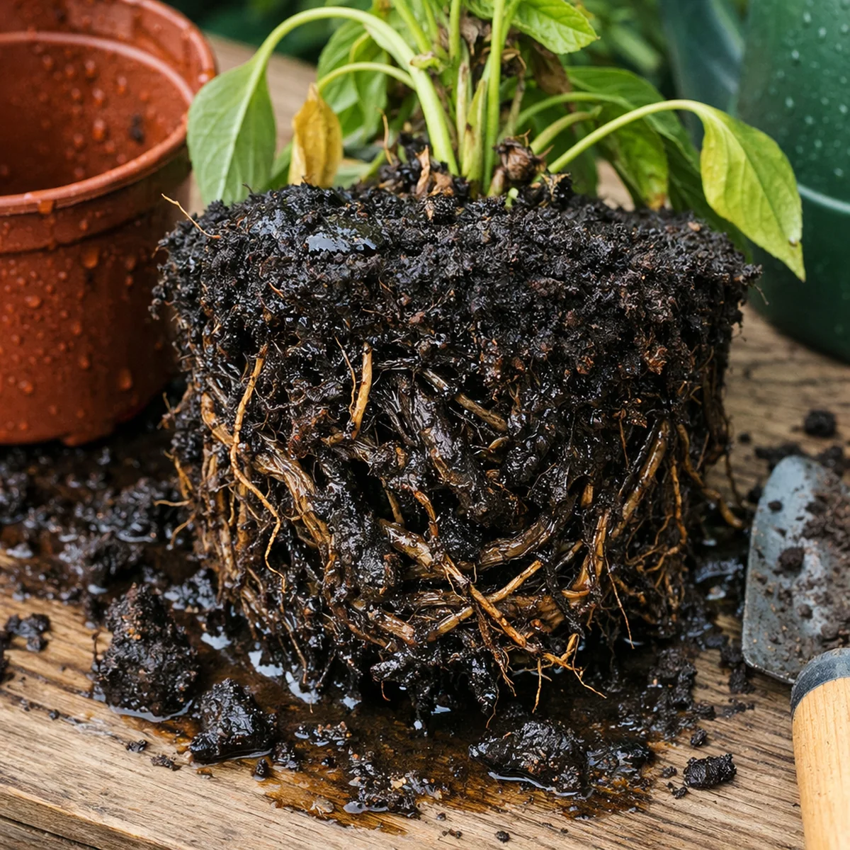 Roślina przelana czy przesuszona – mokra bryła korzeniowa i przelane podłoże po wyjęciu z doniczki