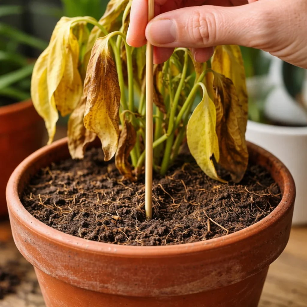 Roślina przelana czy przesuszona – test patyczka w suchej ziemi w doniczce