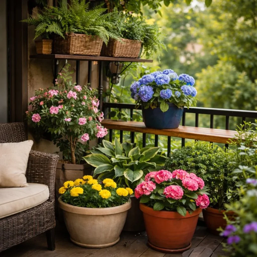 Rośliny na balkon w półcieniu w dużych donicach – kompozycja z hortensją i roślinami sezonowymi
