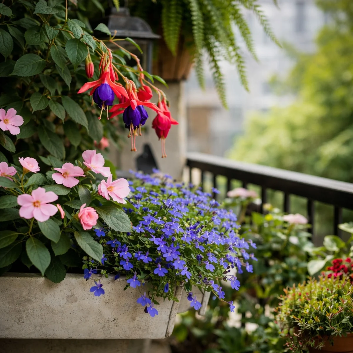 Rośliny na balkon w półcieniu – fuksja i lobelia w skrzynce na balkonie