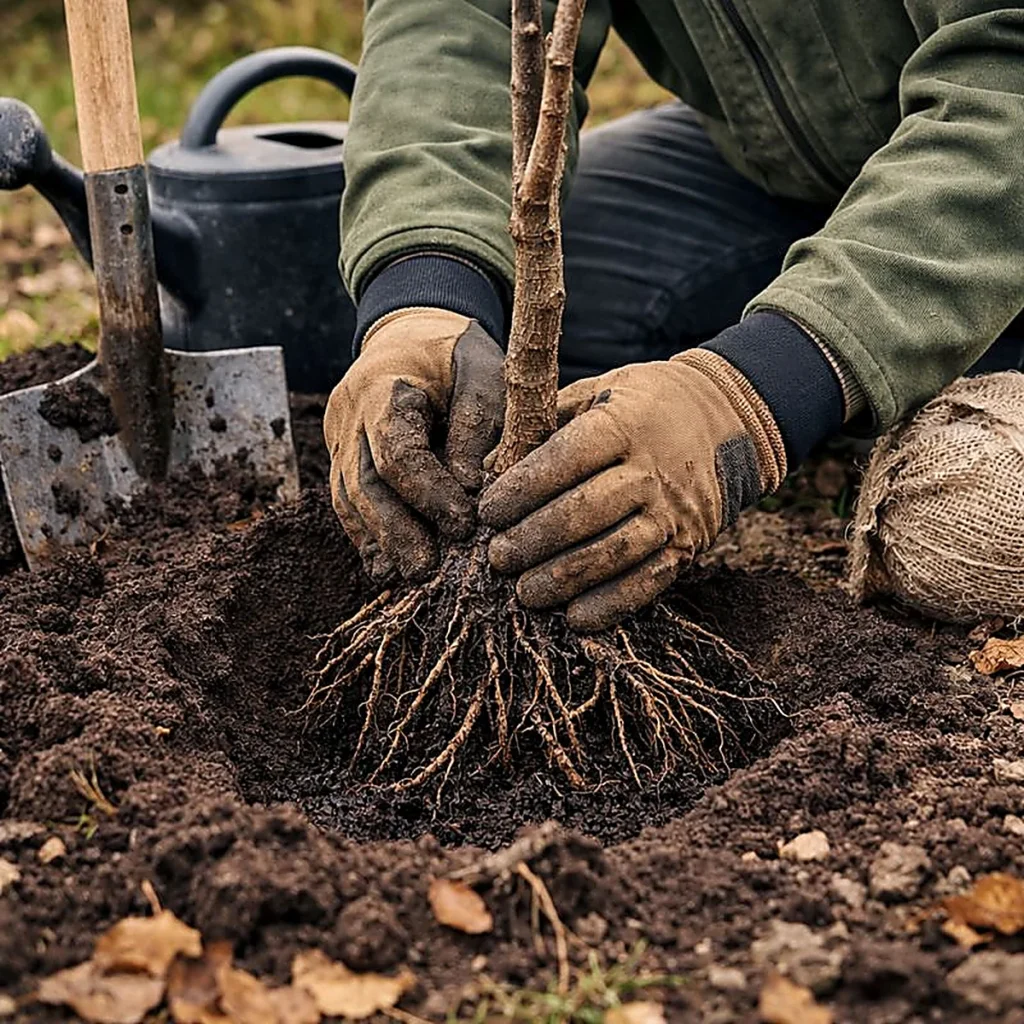 Sadzenie drzew owocowych z gołym korzeniem – układanie korzeni w dołku i ustawianie drzewka